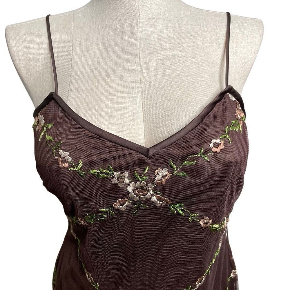 90s Y2K Lace Overlay Maxi Slip Dress 14 Brown Floral Lattice Forest Garden Fairy - Picture 5 of 9